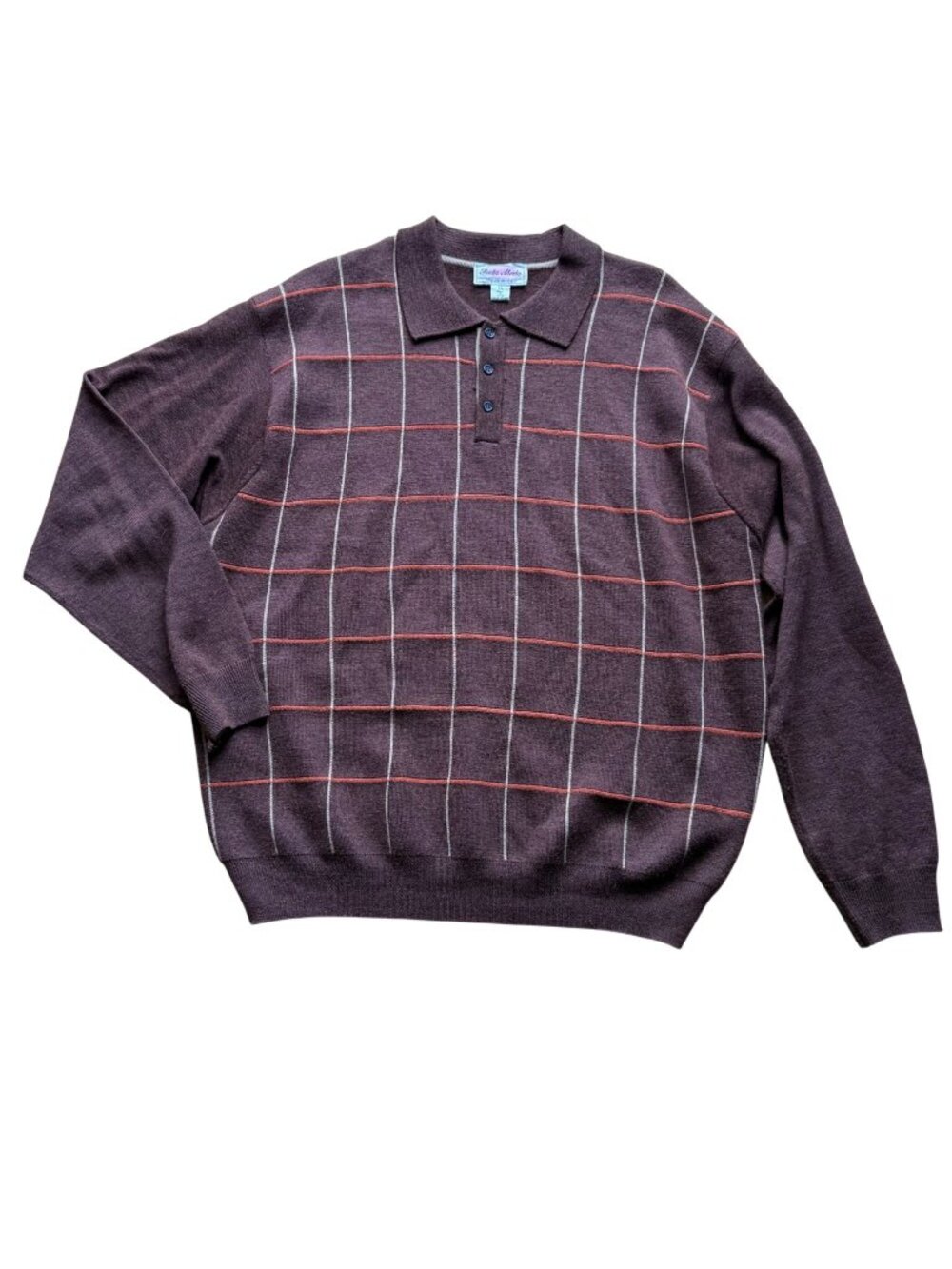 Poeta Moda Men's Polo Sweater XL Brown Windowpane Wool Blend Styled In Italy